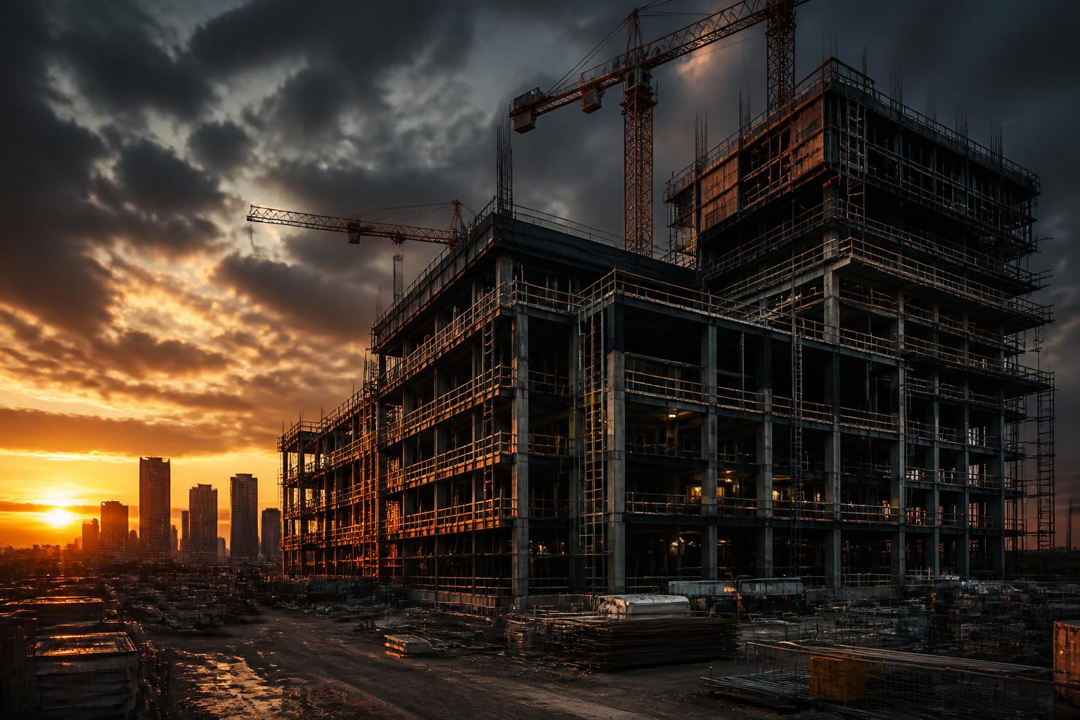 Großbaustelle mit Kränen und Stahlbetonbau